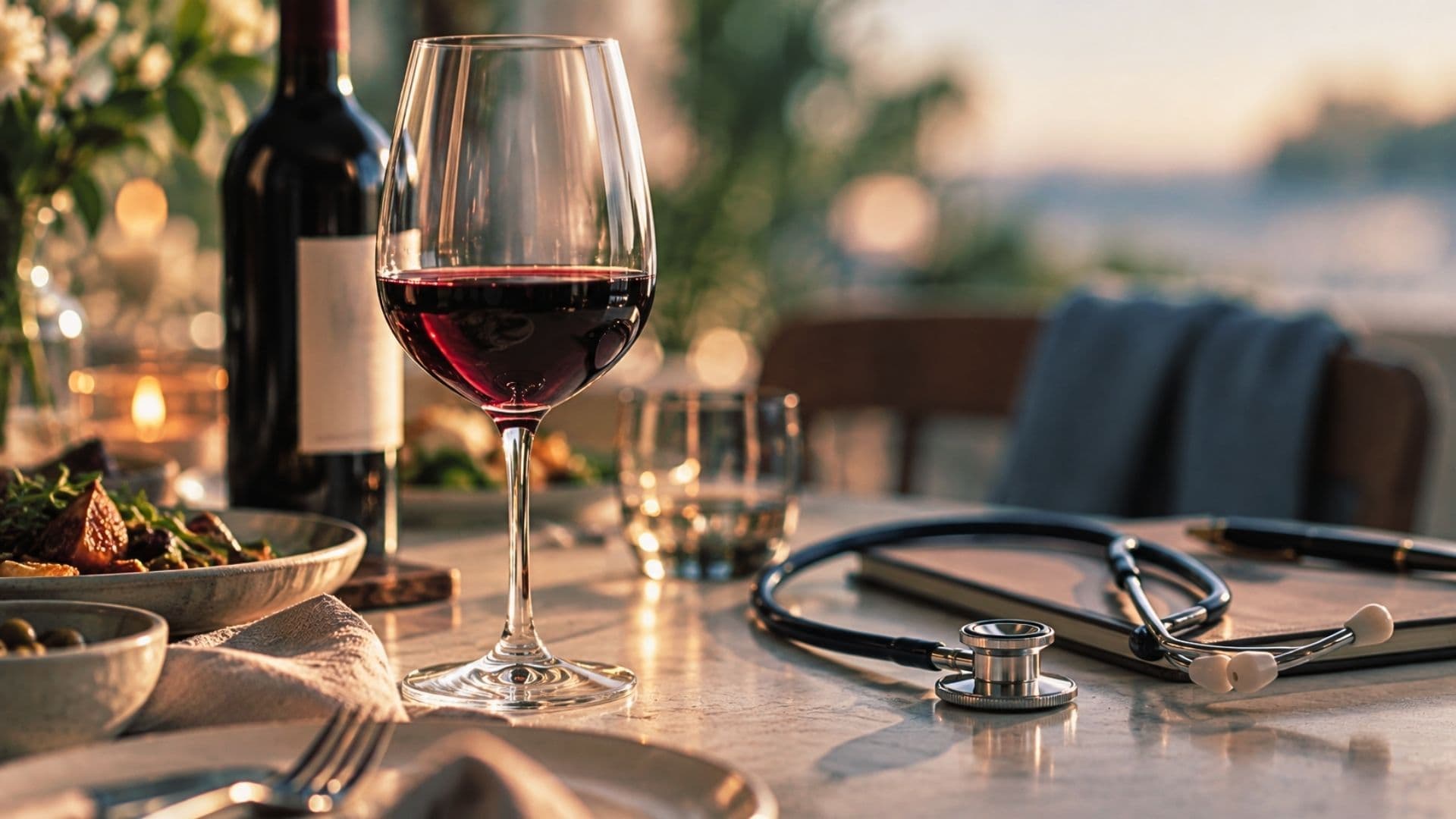 a glass of wine and a doctors tool shown in picture